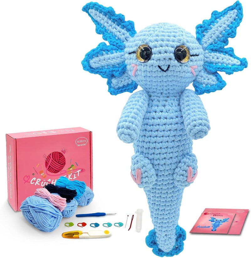 SGIBYN Crochet Kit for Beginners, 11.8 Inch Large Axolotl Amigurumi Crochet Kit with Step-by-Step Video Tutorials, Easy Animal DIY Knitting Craft Kit for Women, Teens & Adults - Image 1